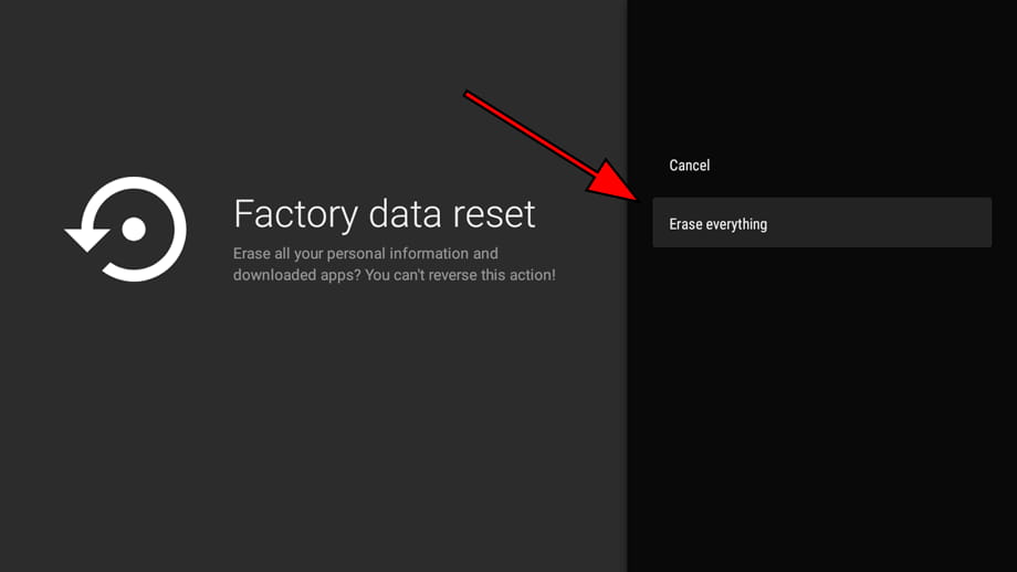 Confirm factory reset Android TV